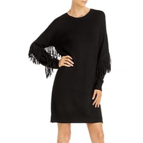 AQUA Fringe Sleeve Sweater Dress Black NWT - Size Medium - Picture 1 of 3